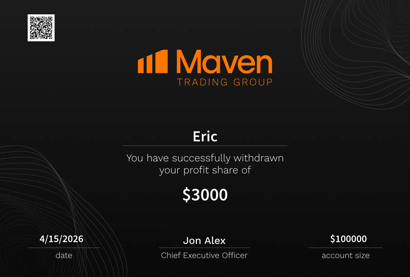 Eric — $3,000 profit share withdrawal certificate