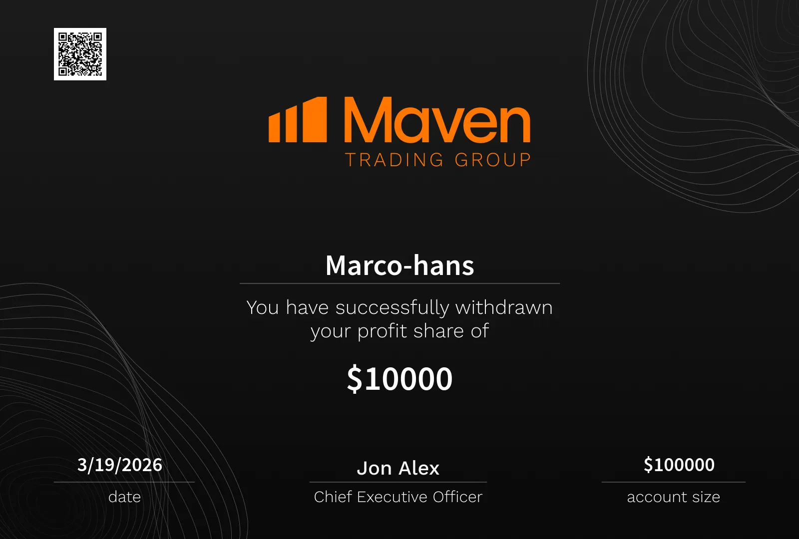 Marc-Hans — $10,000 profit share withdrawal certificate