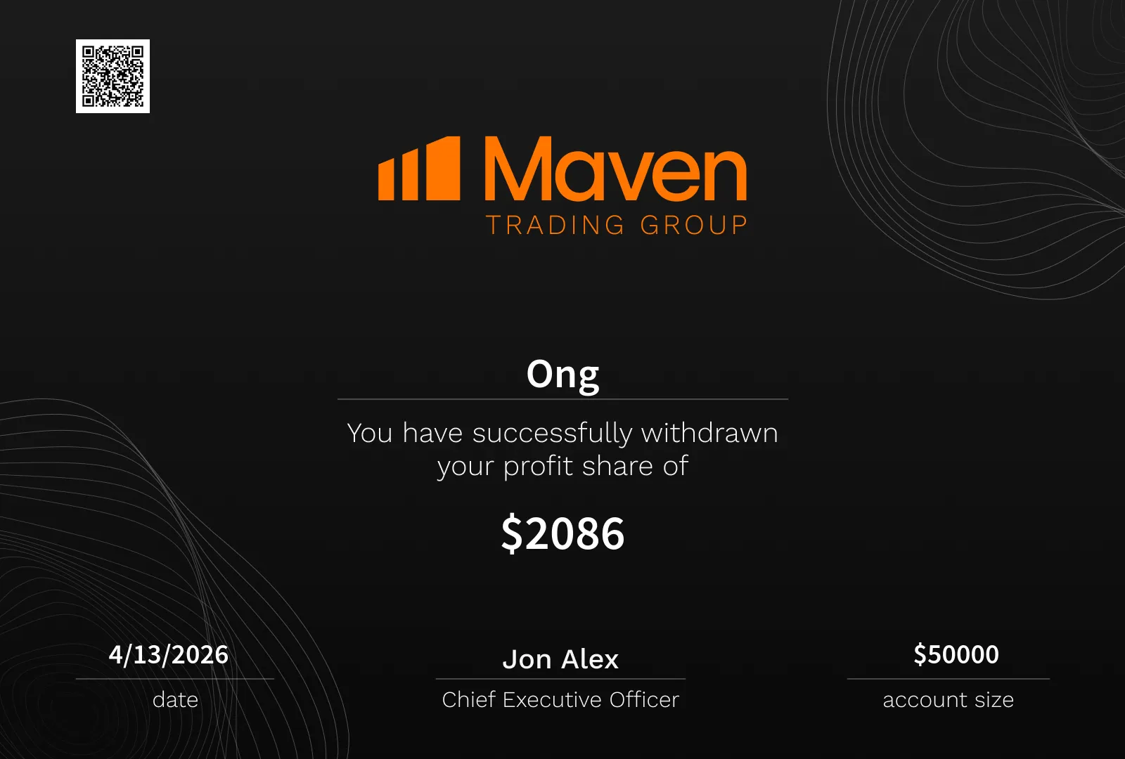 Ong — $2,086 profit share withdrawal certificate