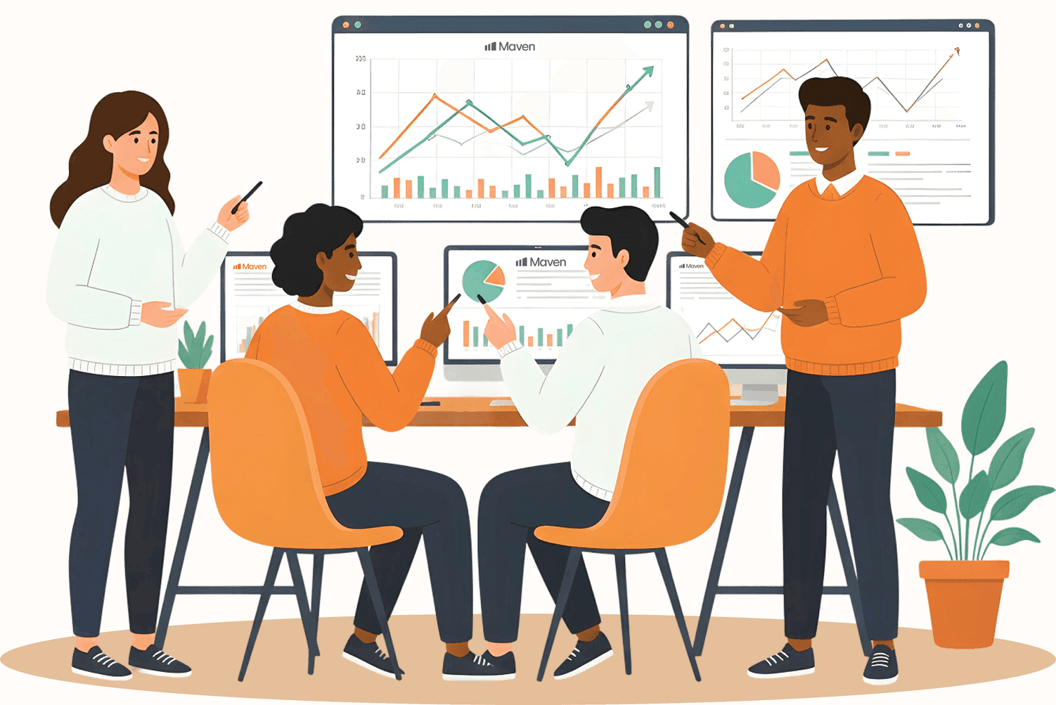 Illustration of a team of traders reviewing charts together at a desk